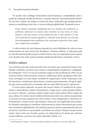 22 Educação em quatro dimensões
De acordo com o biólogo evolucionista Jared Diamond, as similaridades entre a
queda da civilização da Ilha de Páscoa e o mundo atual são “assustadoramente óbvias”.
Em seu livro Colapso, ele analisa os eventos de várias civilizações que desapareceram e
mostra as semelhanças entre elas e a nossa civilização global atual. Diamond escreve:
Como estamos avançando rapidamente por este caminho não sustentável, os
problemas ambientais do mundo serão resolvidos de uma forma ou outra,
durante a vida das crianças e jovens adultos de hoje. A única questão é se eles
serão resolvidos de maneira agradável e conforme nossa decisão, ou se de uma
forma desagradável não escolhida por nós, como guerra, genocídio, fome, epide-
mia e colapsos das sociedades.
6
A sobrevivência da raça humana depende da nossa habilidade de colocar nosso
conhecimento em ação através das disciplinas e divisões políticas. A educação pode
ser uma ferramenta poderosa para a sobrevivência, mas as competências para superar
esses desafios não estão sendo ensinadas atualmente de forma consistente e eficaz.
VUCA e valores
Um acrônimo tem sido usado para descrever um futuro que consistirá de maior vola-
tilidade (volatility), incerteza (uncertainty), complexidade (complexity) e ambiguida-
de (ambiguity): VUCA. O uso do acrônimo surgiu no fim da década de 1990, em um
contexto militar. Posteriormente, começou a influenciar ideias emergentes sobre lide-
rança estratégica em uma ampla variedade de organizações, desde corporações com
fins lucrativos a instituições educacionais e sistemas governamentais. No geral, signi-
fica que nosso mundo está se tornando cada vez mais difícil de prever e gerenciar.
O nosso futuro depende, em parte, dos nossos valores. As tendências de consu-
mismo e materialismo, embora insustentáveis a longo prazo, sofrem grande influên-
cia social e cultural e, portanto, podem mudar assim como podem alterar valores de
uma cultura. Os valores sociais também determinam onde uma cultura em particular
se encontra em uma sequência de vários valores, como antagonismo e tolerância, in-
dividualismo e coesão social, materialismo e busca por um significado mais profun-
do. Quando começamos a considerar coletivamente os valores alternativos que seriam
mais sustentáveis globalmente e de satisfação pessoal, estamos respondendo tanto aos
incentivos, com base na necessidade e ansiedade em relação à direção em que nossos
valores atuais estão nos levando, quanto aos desincentivos do desejo por sistemas
sociais melhores, com base nos valores alterados (Tabela 1.1).
6
Jared Diamond, Colapso – Como as Sociedades Escolhem o Fracasso ou o Sucesso, 2006, 498.
 