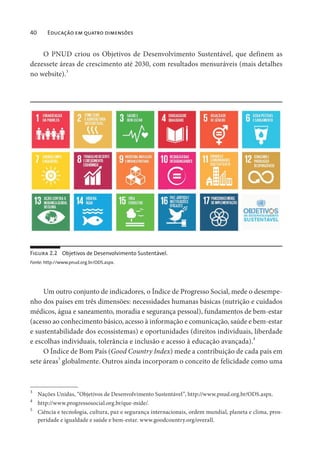 40 Educação em quatro dimensões
O PNUD criou os Objetivos de Desenvolvimento Sustentável, que definem as
dezessete áreas de crescimento até 2030, com resultados mensuráveis (mais detalhes
no website).3
Figura 2.2 Objetivos de Desenvolvimento Sustentável.
Fonte: http://www.pnud.org.br/ODS.aspx.
Um outro conjunto de indicadores, o Índice de Progresso Social, mede o desempe-
nho dos países em três dimensões: necessidades humanas básicas (nutrição e cuidados
médicos, água e saneamento, moradia e segurança pessoal), fundamentos de bem-estar
(acesso ao conhecimento básico, acesso à informação e comunicação, saúde e bem-estar
e sustentabilidade dos ecossistemas) e oportunidades (direitos individuais, liberdade
e escolhas individuais, tolerância e inclusão e acesso à educação avançada).4
O Índice de Bom País (Good Country Index) mede a contribuição de cada país em
sete áreas
5
globalmente. Outros ainda incorporam o conceito de felicidade como uma
3
Nações Unidas, “Objetivos de Desenvolvimento Sustentável”, http://www.pnud.org.br/ODS.aspx.
4
http://www.progressosocial.org.br/que-mide/.
5
Ciência e tecnologia, cultura, paz e segurança internacionais, ordem mundial, planeta e clima, pros-
peridade e igualdade e saúde e bem-estar. www.goodcountry.org/overall.
 
