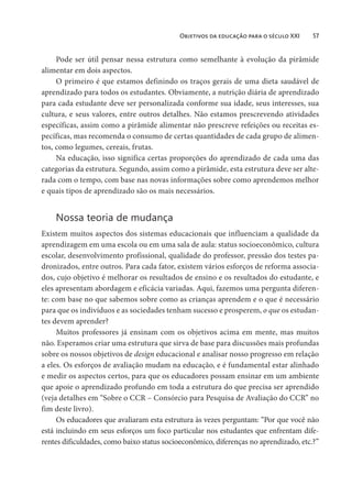 Objetivos da educação para o século XXI 57
Pode ser útil pensar nessa estrutura como semelhante à evolução da pirâmide
alimentar em dois aspectos.
O primeiro é que estamos definindo os traços gerais de uma dieta saudável de
aprendizado para todos os estudantes. Obviamente, a nutrição diária de aprendizado
para cada estudante deve ser personalizada conforme sua idade, seus interesses, sua
cultura, e seus valores, entre outros detalhes. Não estamos prescrevendo atividades
específicas, assim como a pirâmide alimentar não prescreve refeições ou receitas es-
pecíficas, mas recomenda o consumo de certas quantidades de cada grupo de alimen-
tos, como legumes, cereais, frutas.
Na educação, isso significa certas proporções do aprendizado de cada uma das
categorias da estrutura. Segundo, assim como a pirâmide, esta estrutura deve ser alte-
rada com o tempo, com base nas novas informações sobre como aprendemos melhor
e quais tipos de aprendizado são os mais necessários.
Nossa teoria de mudança
Existem muitos aspectos dos sistemas educacionais que influenciam a qualidade da
aprendizagem em uma escola ou em uma sala de aula: status socioeconômico, cultura
escolar, desenvolvimento profissional, qualidade do professor, pressão dos testes pa-
dronizados, entre outros. Para cada fator, existem vários esforços de reforma associa-
dos, cujo objetivo é melhorar os resultados de ensino e os resultados do estudante, e
eles apresentam abordagem e eficácia variadas. Aqui, fazemos uma pergunta diferen-
te: com base no que sabemos sobre como as crianças aprendem e o que é necessário
para que os indivíduos e as sociedades tenham sucesso e prosperem, o que os estudan-
tes devem aprender?
Muitos professores já ensinam com os objetivos acima em mente, mas muitos
não. Esperamos criar uma estrutura que sirva de base para discussões mais profundas
sobre os nossos objetivos de design educacional e analisar nosso progresso em relação
a eles. Os esforços de avaliação mudam na educação, e é fundamental estar alinhado
e medir os aspectos certos, para que os educadores possam ensinar em um ambiente
que apoie o aprendizado profundo em toda a estrutura do que precisa ser aprendido
(veja detalhes em “Sobre o CCR – Consórcio para Pesquisa de Avaliação do CCR” no
fim deste livro).
Os educadores que avaliaram esta estrutura às vezes perguntam: “Por que você não
está incluindo em seus esforços um foco particular nos estudantes que enfrentam dife-
rentes dificuldades, como baixo status socioeconômico, diferenças no aprendizado, etc.?”
 