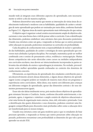68 Educação em quatro dimensões
mundo todo já integram esses diferentes aspectos do aprendizado, sem necessaria-
mente se referir a eles de maneira explícita.
Podemos desenvolver uma matriz que mostre as interseções de várias áreas do co-
nhecimento tradicional e moderno com as habilidades, qualidades de caráter e estraté-
gias de meta-aprendizado que podem ser ensinadas por meio delas, conforme ilustrado
na Figura 2.11. Algumas áreas da matriz apresentarão mais informações do que outras.
O objetivo aqui é organizar o atual cenário excessivamente amplo de objetivos edu-
cacionais e criar uma forma clara e útil de pensar sobre o currículo. Com a identificação
das dimensões, podemos estabelecer uma estrutura clara para discussões posteriores.
Usando essa estrutura como um guia, e mapeando as formas que os outros pensavam
sobre educação no passado, poderemos reexaminar os currículos em profundidade.
Cada disciplina de conhecimento tem a responsabilidade de incluir o aprendiza-
do das habilidades, qualidades de caráter e estratégias de meta-aprendizado que esti-
verem mais alinhadas à própria disciplina. Por exemplo, matemática pode ser melhor
combinada com o ensino de pensamento crítico, resiliência e metacognição. Muitas
dessas competências não serão oferecidas como cursos ou módulos independentes
nos currículos escolares, mas devem ser intencionalmente incorporadas às partes re-
levantes das atividades de ensino e aprendizagem já existentes. Na verdade, provavel-
mente serão melhor aprendidas quando embasadas no contexto dos domínios de
conhecimento concreto.
Obviamente, as experiências de aprendizado dos estudantes contribuirão para o
seu desenvolvimento através dessas dimensões, e alguns desses objetivos de aprendi-
zagem (como coragem) podem ser tratados de maneira mais eficaz em programas e
experiências extra-curriculares. Além disso, essa matriz será diferente para crianças
em diferentes estágios de aprendizado, apesar das dimensões centrais e de seus ele-
mentos permanecerem iguais.
Essas não são ideias totalmente novas, pois muitos desses objetivos de aprendiza-
gem retomam Sócrates e Confúcio. Assim, conforme discutido anteriormente, o im-
portante, agora, é organizar e sintetizar o amplo cenário de objetivos educacionais e
criar uma forma de organização mais concisa, clara, útil, relevante e priorizada. Com
a identificação das quatro dimensões e seus elementos, podemos construir uma lin-
guagem compartilhada para discussões mais profundas sobre como a educação deve
ser transformada para os nossos tempos.
Usando essa estrutura como um guia moderno para o que os estudantes de hoje
precisam aprender, e mapeando as formas que outros pensavam sobre educação no
passado, poderemos reexaminar com profundidade as dimensões do que vale a pena
aprender no século XXI.
 