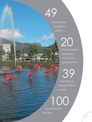 49
atividades foram
oferecidas ao
público.
20horas de palestras
integraram o
evento, com a
apresentação de
39experiências de
sucesso no Brasil e
no mundo.
100especialistas foram
convidados.
7
 