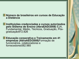Número de brasileiros em cursos de Educação
a Distância
Instituições credenciadas e cursos autorizados
pelo Sistema de Ensino (AbraEAD/2008) EJA,
Fundamental, Médio, Técnicos, Graduação, Pós-
graduação972.826
Educação corporativa e Treinamento em 41
empresas (AbraAED/2008)Formação de
funcionários, colaboradores e
fornecedores582.985
 
