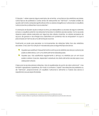 O Quadro 1 refere apenas alguns exemplos de ementas, umas típicas dos refeitórios escolares,
outras típicas de pastelaria e outras ainda de restaurantes de “fast-food”. A simples análise do
quadro demonstra variações significativas entre os valores energéticos e nutricionais e o equilíbrio
nutricional entre os diferentes macronutrientes .
A coloração do Quadro ajuda a realçar os erros, por desequilíbrio ou excesso de alguns nutrientes
(cinza) e o equilíbrio patente nas refeições fornecidas no refeitório escolar (verde). Como se pode
observar pelos valores realçados por algumas das células cinzentas, os valores excessivos de
açúcar, de gordura e de energia e/ou deficitários em proteínas não se enquadram no que é
preconizado em termos de uma alimentação racional.
Facilmente se pode pois perceber os inconvenientes de refeições feitas fora dos refeitórios
escolares. O risco de má-nutrição é mais elevado para os seguintes tipos de alunos:
14
Aqueles que substituem frequentemente os almoços do refeitório escolar por outros locais
públicos alternativos, com uma oferta alimentar desadequada;
Aqueles que, não substituindo regularmente o almoço no refeitório por um em local
público exterior à escola, dependem sobretudo da oferta alimentar escolar para a sua
adequada nutrição.
Cabe pois às escolas planear refeições, não só equilibradas do ponto de vista nutricional , mas
também agradáveis e apelativas, de modo a contrariar o “apelo” das refeições de pastelaria ou
de “fast-food”, proporcionando um equilíbrio nutricional e alimentar à maioria dos alunos e
respeitando as suas especificidades.
15
27
14
15
Os macronutrientes aqui considerados são: as proteínas, as gorduras e os hidratos de carbono.
O Quadro 1 pode constituir um suporte para a elaboração de ementas equilibradas do ponto de vista nutricional.
 