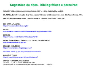 Sugestões de sites, bibliográficas e parceiros:
PARÂMETROS CURRICULARES NACIONAIS (PCN´s) - MEIO AMBIENTE e SAÚDE.

GIL-PÉREZ, Daniel. Formação de professores de Ciências: tendências e inovações. São Paulo: Cortez, 1993.

SANTOS, Boaventura de Sousa, Discurso sobre as Ciências. São Paulo: Cortez,2003.


SOS MATA ATLÂNTICA
http://www.sosmatatlantica.org.br/

INEVAT
http://www.itu.com.br/conteudo/detalhe.asp?cod_conteudo=13081

COMAREI
http://www.itu.com.br/hotsite/default.asp?id=81

SECRETARIA DO MEIO AMBIENTE DO ESTADO DE SÃO PAULO
http://www.ambiente.sp.gov.br/

CRIANÇA ECOLÓGICA
http://www.criancaecologica.sp.gov.br/

http://www.cetesb.sp.gov.br/Agua/rios/informacoes.asp

MUNICÍPIO VERDE
http://www.ambiente.sp.gov.br/municipioverde/

CÓDIGO FLORESTAL BRASILEIRO
LEI N.º 4.771, DE 15 DE SETEMBRO DE 1965
(Atualizado até as mudanças feitas pela medida provisória n.º 2.166/001)
 