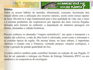 Hábitos
Todos os nossos hábitos de moradia, alimentação, consumo, locomoção têm
relação direta com a utilização dos recursos naturais, assim como nossas opções
de lazer. Divertir-se é algo fundamental para a boa qualidade de vida, mas o lazer
e o turismo predatório são responsáveis por algumas das mais visíveis Pegadas
deixadas pelo homem no ambiente: a degradação de inúmeras paisagens em
litorais, montanhas e cidades históricas.

Procure conhecer as chamadas “viagens sustentáveis”, nas quais o transporte e a
estadia são coletivos, a mão de obra local é valorizada, assim como o artesanato e
as comidas típicas da região. Da mesma forma, no lazer urbano, é importante
valorizar o contato com a Natureza, visitando parques, estações ecológicas, e
evitar a geração de grande quantidade de lixo.

A coleta seletiva também pode contribuir bastante na redução de sua Pegada. O
lixo de ser separado e entregue em Pontos de Entrega Voluntária (PEV) ou aos
catadores e às cooperativas de reciclagem.
 
