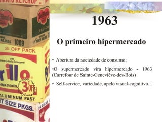 1963
  O primeiro hipermercado

• Abertura da sociedade de consumo;
•O supermercado vira hipermercado - 1963
(Carrefour de Sainte-Geneviève-des-Bois)
• Self-service, variedade, apelo visual-cognitivo...
 