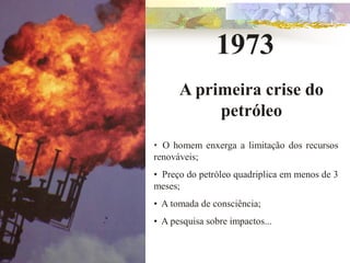 1973
      A primeira crise do
           petróleo
• O homem enxerga a limitação dos recursos
renováveis;
• Preço do petróleo quadriplica em menos de 3
meses;
• A tomada de consciência;
• A pesquisa sobre impactos...
 