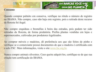 Consumo

Quando comprar palmito em conserva, verifique no rótulo o número de registro
no IBAMA. Não compre, caso não haja este registro, pois a retirada deste recurso
da floresta foi ilegal.

Não compre orquídeas e bromélias à beira das estradas, pois podem ter sido
retiradas da floresta, de forma predatória. Prefira plantas vendidas em lojas e
supermercados, cultivadas por produtores legalizados.

Ao comprar móveis e madeiras, dê preferência aos que são feitos de pinho e
verifique se o comerciante possui documentos de que a madeira é certificada com
o selo FSC. Mais informações, visite o site www.fsc.org.br.

Nunca compre animais silvestres. Caso queira adquiri-los, certifique-se de que sua
criação tem certificação do IBAMA.
 