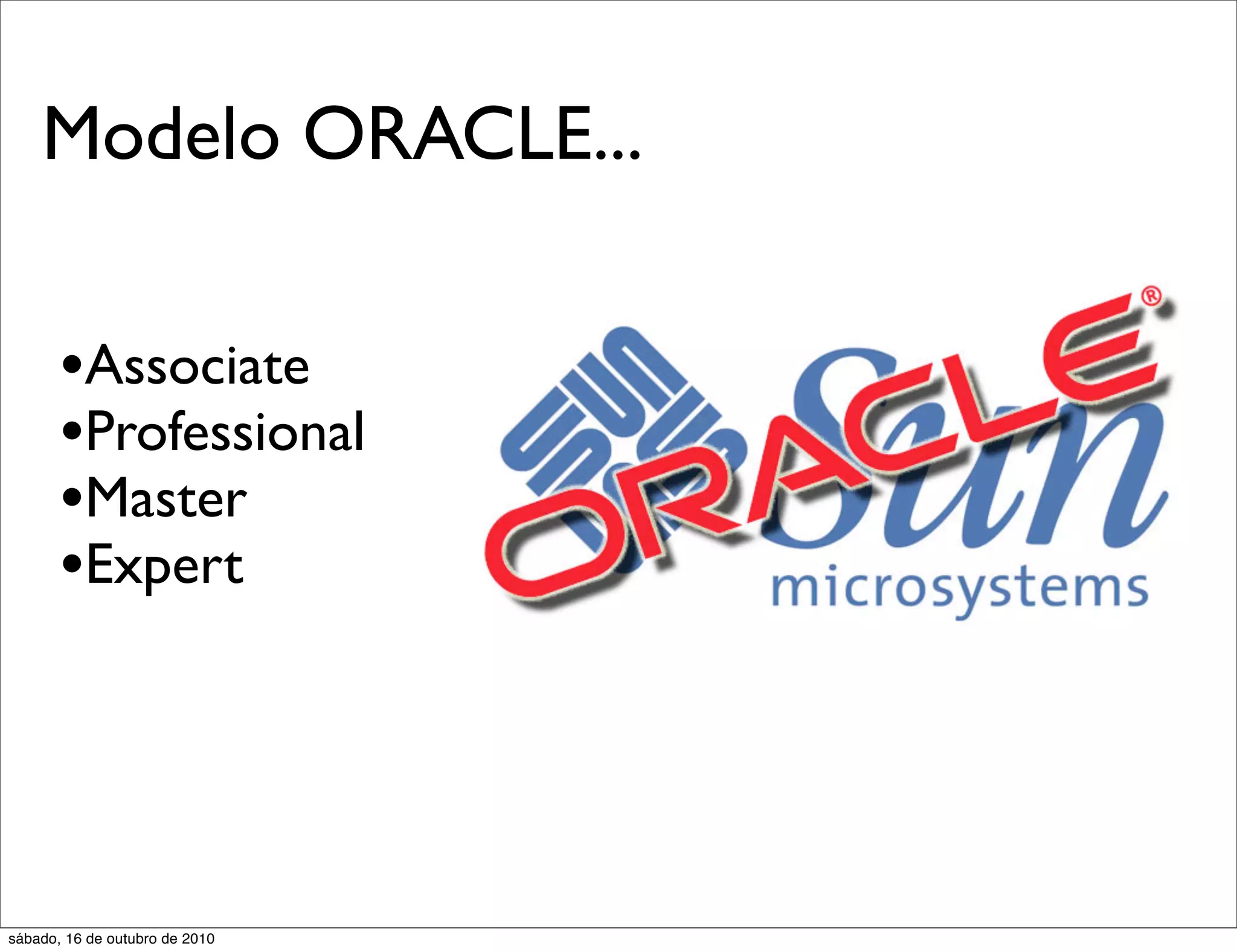 Modelo ORACLE...

       •Associate
       •Professional
       •Master
       •Expert



sábado, 16 de outubro de 2010
 