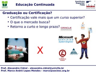 Educação Continuada

 Graduação ou Certificação?
   • Certificação vale mais que um curso superior?
   • O que o mercado busca?
   • Retorno a curto e longo prazo?




                           X
Prof. Alexandre Cidral – alexandre.cidral@univille.br
Prof. Marco André Lopes Mendes – marco@sociesc.org.br
 