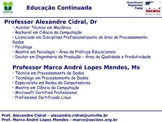Educação Continuada

 Professor Alexandre Cidral, Dr
    • Auxiliar Técnico em Mecânica
    • Bacharel em Ciência da Computação
    • Licenciado em Disciplinas Profissionalizante da área de Processamento
    Dados
    • Psicólogo
    • Mestre em Psicologia – Área de Práticas Educacionais
    • Doutor em Engenharia de Produção – Área de Qualidade e Produtividade

    Professor Marco André Lopes Mendes, Ms
    •   Técnico em Processamento de Dados
    •   Tecnólogo em Processamento de Dados
    •   Especialista em Redes de Computadores
    •   Mestre em Ciência da Computação
    •   Microsoft Certified Professional
    •   Profissional Certificado Linux



Prof. Alexandre Cidral – alexandre.cidral@univille.br
Prof. Marco André Lopes Mendes – marco@sociesc.org.br
 