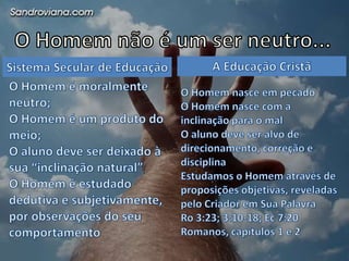O Homem é um ser religiosoSistema Secular de EducaçãoA Educação CristãA questão religiosa é tratada como se fosse um campo “opcional” para o homemMuitas vezes o aspecto religioso é apresentado como se fosse resquício da “natureza animal”, algo que será superado com o desenvolvimentoNão há relação entre sabedoria e o temor do Senhor.O Homem foi criado como um ser religioso. Isso faz parte de sua constituiçãoA abordagem bíblica dos assuntos se harmoniza com esse aspecto, sendo essencial à compreensão integrada da vidaA aplicação correta do conhecimento (sabedoria) só existe com o temor do SenhorPr 1:7; 15:33 e Ro 2:15