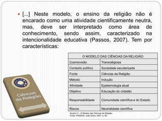  [...] Neste modelo, o ensino da religião não é
encarado como uma atividade cientificamente neutra,
mas, deve ser interpretado como área de
conhecimento, sendo assim, caracterizado na
intencionalidade educativa (Passos, 2007). Tem por
características:
O MODELO DAS CIÊNCIAS DA RELIGIÃO
Cosmovisão Transreligiosa
Contexto político Sociedade secularizada
Fonte Ciências da Religião
Método Indução
Afinidade Epistemologia atual
Objetivo Educação do cidadão
Responsabilidade Comunidade científica e do Estado
Riscos Neutralidade científica
Quadro 3 – O Modelo das Ciências da Religião.
Fonte: PASSOS, João Décio. 2007. p. 66.
 