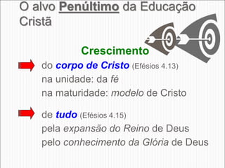 Crescimento
do corpo de Cristo (Efésios 4.13)
na unidade: da fé
na maturidade: modelo de Cristo
de tudo (Efésios 4.15)
pela expansão do Reino de Deus
pelo conhecimento da Glória de Deus
31
O alvo Penúltimo da Educação
Cristã
 