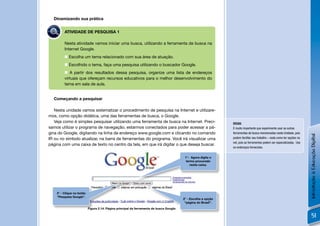 Dinamizando sua prática

PES QUI SA
             ATIVIDADE DE PESQUISA 1

             Nesta atividade vamos iniciar uma busca, utilizando a ferramenta de busca na
             Internet Google.
              Escolha um tema relacionado com sua área de atuação.
              Escolhido o tema, faça uma pesquisa utilizando o buscador Google.
              A partir dos resultados dessa pesquisa, organize uma lista de endereços
             virtuais que ofereçam recursos educativos para o melhor desenvolvimento do
             tema em sala de aula.


     Começando a pesquisar

   Nesta unidade vamos sistematizar o procedimento de pesquisa na Internet e utilizare-
mos, como opção didática, uma das ferramentas de busca, o Google.
   Veja como é simples pesquisar utilizando uma ferramenta de busca na Internet. Preci-                              DICAS:
samos utilizar o programa de navegação, estarmos conectados para poder acessar a pá-                                 É muito importante que experimente usar as outras
gina do Google, digitando na linha de endereço www.google.com e clicando no comando                                  ferramentas de busca mencionadas nesta Unidade, pois




                                                                                                                                                                              Introdução à Educação Digital
IR ou no símbolo atualizar, na barra de ferramentas do programa. Você irá visualizar uma                             podem facilitar seu trabalho – nada como ter opções na
                                                                                                                     net, pois as ferramentas podem ser especializadas. Use
página com uma caixa de texto no centro da tela, em que irá digitar o que deseja buscar.
                                                                                                                     os endereços fornecidos.


                                                                                               1°- Agora digite o
                                                                                                termo procurado
                                                                                                   nesta caixa.




        3° - Clique no botão
        “Pesquisa Google”.
                                                                                              2° - Escolha a opção
                                                                                               “página do Brasil”.
                               Figura 2.14: Página principal da ferramenta de busca Google.

                                                                                                                                                                                   51
 