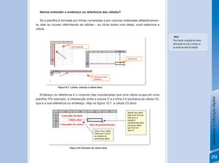 Vamos entender o endereço ou referência das células?

   Se a planilha é formada por linhas numeradas e por colunas ordenadas alfabeticamen-
te, elas se cruzam delimitando as células – ao clicar sobre uma delas, você seleciona a
célula.

                                                                                               DiCa:
                                                                                              Para mudar a posição da célula
                                                                                              ativa pode-se usar o mouse ou
                                                                                              as teclas de seta do teclado.




                Figura 9.7: Linhas, colunas e célula ativa.


   Endereço ou referência é o conjunto das coordenadas que uma célula ocupa em uma




                                                                                                                               Introdução à Educação Digital
planilha. Por exemplo, a intersecção entre a coluna C e a linha 3 é exclusiva da célula C3,
que	é	a	sua	referência	ou	endereço.	Veja	na	figura	10.7		a	célula	C3	ativa:




                           Figura 9.8: Exemplo de célula ativa.



                                                                                                                               251
 