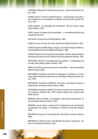 CHARDIN, Teilhard de. O fenômeno humano. São Paulo: Editora Cul-
                              trix, 1994

                              COHEN, Abner. O homem bidimensional – antropologia do poder e
                              do simbolismo em sociedades complexas. Rio de Janeiro: Zahar Edi-
                              tora, 1978.

                              ELIAS, Norbert. A sociedade dos indivíduos. Rio de Janeiro: Jorge
                              Zahar Editora, 1994

                              HAAF, Gunter. A origem da humanidade – a maravilhosa história da
                              criação do homem.

                              São Paulo: Círculo do Livro/Abril Editora, 1982.

                              LAVELLE, Louis. Em face do outro. São Paulo: Edições Paulinas, 1965.

                              LEAKEY, Richard; LEWIN, Roger. Origens. São Paulo: Edições Melhora-
                              mentos/Editora da Universidade de Brasília, 1980.

                              LEAKEY, Richard. A evolução da humanidade. Brasília, Edições Melho-
                              ramentos/Círculo do Livro/ Editora da Universidade de Brasília, 1981.

                              MAFFEZOLI, Michel. A transfiguração do político – a tribalização do
                              mundo. Porto Alegre: Editora Sulina, 1997.

                              MARX, Karl. Manuscritos econômicos e filosóficos. São Paulo Editora
                              Martins Claret, 2002.

                              MATURANA, Humberto. Emoções e linguagem na política e na edu-
                              cação. Belo Horizonte: Editora da Universidade Federal de Minas Ge-
                              rais, 1999.

                              MATURANA, Humberto; REZEPKA, Sima Nisis. Formação humana e
                              capacitação. Petrópolis: Editora Vozes, 2000.

                              MATURANA, Humberto; VARELA, Francisco. A árvore do conhecimen-
                              to. Campinas: Editorial Psy, 1995. (existe edição mais recente pela
                              Pallas Atena)

                              MORAES, Maria Cândida. O paradigma educacional emergente. 6ª
                              ed. Campinas: Papirus Editora, 1997.
Educação e Sustentabilidade




                              MORENO, Jacob. Quem sobreviverá? Fundamentos da sociometria,
                              psicoterapia de grupo e sociodrama. Goiânia: Dimensão Editora,
                              1994.

                              MOUNIER, Emmanuel. O personalismo. São Paulo: Centauro Editora,
                              2004.

                              NÉDONCELLE, Maurice. Para uma filosofia do amor e da pessoa. Lis-
                              boa: Livraria Moraes Editora, 1961.




                      128                                    Capítulo: Educação e Sustentabilidade
 