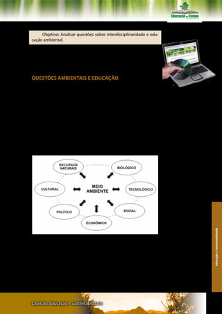 Texto VII – Professor Maurice Barcellos da Costa

     Objetivo: Analisar questões sobre interdisciplinaridade e edu-
cação ambiental.

     Leia inicialmente o trecho selecionado do texto, buscando-o
em seguida na sua íntegra no CD-Rom. Consulte os sites de internet
sugeridos pelo autor. Desenvolva as tarefas apresentadas pelo autor.


QUESTÕES AMBIENTAIS E EDUCAÇÃO

     Maurice Barcellos da Costa                                         Ler atentamente os textos do livro e do
                                                                        CD- Rom

       As questões ambientais devem ser abordadas como condições
básicas para a implantação de uma agricultura baseada na produção
ecológica, no manejo adequado do solo, na rotatividade de culturas,
no controle integrado de pragas, na preservação e resgate da biodi-
versidade e na geração de tecnologia de ponta.
       O enfoque interdisciplinar por meio do conhecimento das ciên-
cias físicas, biológicas e sociais fará com que determinada realidade
socioeconômica e ambiental seja adequadamente compreendida,
conforme Figura 1.




                                                                                                              Educação e Sustentabilidade




     Figura 1 - Visão interdisciplinar (integrada) do meio ambiente.
Fonte: Guerra & Barbosa (1996, p. 15)




Capítulo: Educação e Sustentabilidade                                                                    147
 