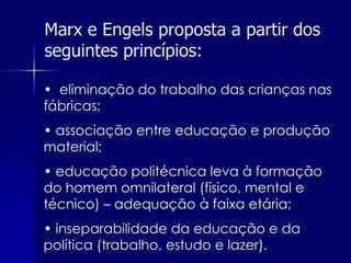 Marx e Engels proposta a partir dos
seguintes princípios:

• eliminação do trabalho das crianças nas
fábricas;
• associação entre educação e produção
material;
• educação politécnica leva à formação
do homem omnilateral (físico, mental e
técnico) – adequação à faixa etária;
• inseparabilidade da educação e da
política (trabalho, estudo e lazer).
 