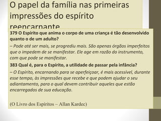 O papel da família nas primeiras
impressões do espírito
reencarnante

379 O Espírito que anima o corpo de uma criança é tão desenvolvido
quanto o de um adulto?
– Pode até ser mais, se progrediu mais. São apenas órgãos imperfeitos
que o impedem de se manifestar. Ele age em razão do instrumento,
com que pode se manifestar.
383 Qual é, para o Espírito, a utilidade de passar pela infância?
– O Espírito, encarnando para se aperfeiçoar, é mais acessível, durante
esse tempo, às impressões que recebe e que podem ajudar o seu
adiantamento, para o qual devem contribuir aqueles que estão
encarregados de sua educação.
(O Livro dos Espíritos – Allan Kardec)

 