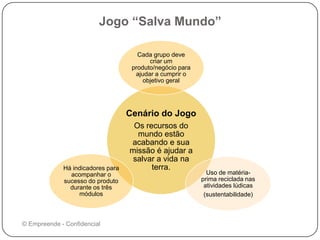 Jogo “Salva Mundo”
Cenário do Jogo
Os recursos do
mundo estão
acabando e sua
missão é ajudar a
salvar a vida na
terra.
Cada grupo deve
criar um
produto/negócio para
ajudar a cumprir o
objetivo geral
Uso de matéria-
prima reciclada nas
atividades lúdicas
(sustentabilidade)
Há indicadores para
acompanhar o
sucesso do produto
durante os três
módulos
© Empreende - Confidencial
 