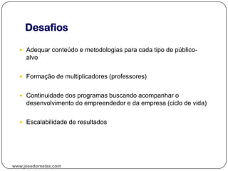 Desafios
 Adequar conteúdo e metodologias para cada tipo de público-
alvo
 Formação de multiplicadores (professores)
 Continuidade dos programas buscando acompanhar o
desenvolvimento do empreendedor e da empresa (ciclo de vida)
 Escalabilidade de resultados
www.josedornelas.com
 