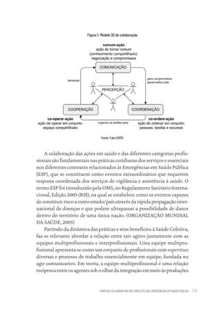PRÁTICAS COLABORATIVAS NO CONTEXTO DAS EMERGÊNCIAS EM SAÚDE PÚBLICA 113
Figura 1: Modelo 3D de colaboração
Fonte: Fuks (2011).
A colaboração das ações em saúde e das diferentes categorias profis-
sionais são fundamentais nas práticas cotidianas dos serviços e essenciais
nos diferentes contextos relacionados às Emergências em Saúde Pública
(ESP), que se constituem como eventos extraordinários que requerem
resposta coordenada dos serviços de vigilância e assistência à saúde. O
termo ESP foi introduzido pela OMS, no Regulamento Sanitário Interna-
cional, Edição 2005 (RSI), na qual se estabelece como os eventos capazes
de constituir risco a outro estado/país através da rápida propagação inter-
nacional de doenças e que podem ultrapassar a possibilidade de danos
dentro do território de uma única nação. (ORGANIZAÇÃO MUNDIAL
DA SAÚDE, 2005)
Partindo da dinâmica das práticas e seus benefícios à Saúde Coletiva,
faz-se relevante abordar a relação entre tais agires juntamente com as
equipes multiprofissionais e interprofissionais. Uma equipe multipro-
fissional apresenta-se como um conjunto de profissionais com expertises
diversas e processo de trabalho essencialmente em equipe, fundada no
agir comunicativo. Em teoria, a equipe multiprofissional é uma relação
recíproca entre os agentes sob o olhar da integração em meio às produções
Educação em saúde e qualidade-miolo.indb 113
Educação em saúde e qualidade-miolo.indb 113 11/10/2022 07:51
11/10/2022 07:51
 