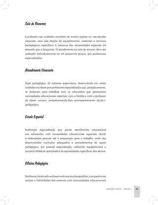 EDUCAÇÃO ESPECIAL | unidade 3 35
Sala de Recursos
Localizada nas unidades escolares de ensino regular ou nas escolas
especiais, essa sala dispõe de equipamentos, materiais e recursos
pedagógicos específicos à natureza das necessidades especiais do
alunado que a frequenta. O atendimento na sala de recurso deve ser
realizado individualmente ou em pequenos grupos, por professores
especializados.
Atendimento Itinerante
Ação pedagógica, de natureza supervisora, desenvolvida em várias
unidades escolares por professores especializados que, periodicamente,
se deslocam para trabalhar com os educandos que apresentam
necessidades educacionais especiais, com a família e com o professor
de classe comum, proporcionando-lhes acompanhamento técnico-
pedagógico.
Escola Especial
Instituição especializada que presta atendimento educacional
aos educandos com necessidades educacionais especiais, desde
a estimulação precoce até a preparação para o trabalho, onde são
desenvolvidos currículos adequados e procedimentos de apoio
pedagógico, por pessoal especializado, utilizando equipamentos e
recursos didáticos apropriados às necessidades específicas dos alunos.
Oficina Pedagógica
Ambiente destinadoaodesenvolvimentodasaptidões,competências
sociais e habilidades das pessoas com necessidades educacionais
 