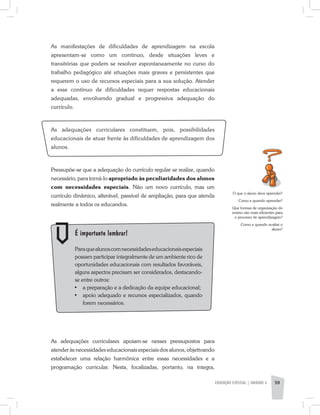 As manifestações de dificuldades de aprendizagem na escola
apresentam-se como um contínuo, desde situações leves e
transitórias que podem se resolver espontaneamente no curso do
trabalho pedagógico até situações mais graves e persistentes que
requerem o uso de recursos especiais para a sua solução. Atender
a esse contínuo de dificuldades requer respostas educacionais
adequadas, envolvendo gradual e progressiva adequação do
currículo.
As adequações curriculares constituem, pois, possibilidades
educacionais de atuar frente às dificuldades de aprendizagem dos
alunos.
Pressupõe-se que a adequação do currículo regular se realize, quando
necessário, para torná-lo apropriado às peculiaridades dos alunos
com necessidades especiais. Não um novo currículo, mas um
currículo dinâmico, alterável, passível de ampliação, para que atenda
realmente a todos os educandos.
O que o aluno deve aprender?
Como e quando aprender?
Que formas de organização do
ensino são mais eficientes para
o processo de aprendizagem?
Como e quando avaliar o
aluno?
	 É importante lembrar!
	 Paraquealunoscomnecessidadeseducacionaisespeciais
possam participar integralmente de um ambiente rico de
oportunidades educacionais com resultados favoráveis,
alguns aspectos precisam ser considerados, destacando-
se entre outros:
•	 a preparação e a dedicação da equipe educacional;
•	 apoio adequado e recursos especializados, quando
forem necessários.
As adequações curriculares apoiam-se nesses pressupostos para
atender às necessidades educacionais especiais dos alunos, objetivando
estabelecer uma relação harmônica entre essas necessidades e a
programação curricular. Nesta, focalizadas, portanto, na íntegra,
EDUCAÇÃO ESPECIAL | unidade 3 59
 