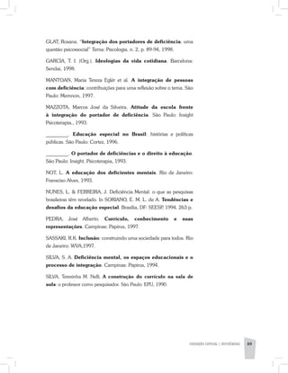 GLAT; Rosana. “Integração dos portadores de deficiência: uma
questão psicossocial” Tema: Psicologia. n. 2, p. 89-94, 1998.
GARCIA, T. I. (Org.). Ideologias da vida cotidiana. Barcelona:
Sendai, 1998.
MANTOAN, Maria Tereza Eglér et al. A integração de pessoas
com deficiência: contribuições para uma reflexão sobre o tema. São
Paulo: Memnon, 1997.
MAZZOTA, Marcos José da Silveira. Atitude da escola frente
à integração do portador de deficiência. São Paulo: Insight
Psicoterapia., 1993.
_________. Educação especial no Brasil: histórias e políticas
públicas. São Paulo: Cortez, 1996.
_________. O portador de deficiências e o direito à educação.
São Paulo: Insight. Psicoterapia, 1993.
NOT, L. A educação dos deficientes mentais. Rio de Janeiro:
Fransciso Alves, 1993.
NUNES, L. & FERREIRA, J. Deficiência Mental: o que as pesquisas
brasileiras têm revelado. In SORIANO, E. M. L. de A. Tendências e
desafios da educação especial. Brasília, DF: SEESP, 1994. 263 p.
PEDRA, José Alberto. Currículo, conhecimento e suas
representações. Campinas: Papirus, 1997.
SASSAKI, R.K. Inclusão: construindo uma sociedade para todos. Rio
de Janeiro: WVA,1997.
SILVA, S. A. Deficiência mental, os espaços educacionais e o
processo de integração. Campinas: Papirus, 1994.
SILVA, Teresinha M. Nelli. A construção do currículo na sala de
aula: o professor como pesquisador. São Paulo: EPU, 1990.
EDUCAÇÃO ESPECIAL | REFERÊNCIAS 69
 