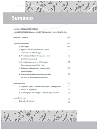 CADERNO DE EDUCAÇÃO ESPECIAL
A ALFABETIZAÇÃO DE CRIANÇAS COM DEFICIÊNCIA: UMA PROPOSTA INCLUSIVA
Iniciando a conversa
Aprofundando o tema
	 1. Introdução
	 2. A pessoa com deficiência motora frente
	 ao processo de alfabetização
	 3. Pensando a alfabetização da pessoa com
	      deficiência intelectual
	 4. Estratégias de ensino na alfabetização
	 da pessoa cega e com baixa visão
	 5. A alfabetização da pessoa surda: desafios
	 e possibilidades
	 6. O atendimento educacional especializado
	 nas salas de recursos multifuncionais
Compartilhando
	 1. Sequência didática referente ao Projeto: “O tempo passa...”
	 2. Relatos de experiência  
	 3. O uso de jogos voltados para a alfabetização inclusiva
Aprendendo mais
	 Sugestões de leitura
05
07
07
10
15
21
28
33
40
40
42
44
46
46
Sumário
 