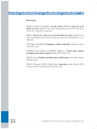 32 caderno de educação especial
Referências
BRASIL. Presidência da República. Lei de Libras. Lei nº 10.436, de 24 de
abril de 2002. Disponível em: http://www.planalto.gov.br/ccivi_03/leis/2002.
Acesso em: 21 de junho, às 15h40min.
BRASIL. Decreto nº 5.626, de 22 de dezembro de 2005. Disponível em:
http://www.planalto.gov.br/ccivil_03/_ato2004. Acesso em: 21 de junho de 2012, às
15h40min.
GÓES,MariaCecíliaRafael.Linguagem, surdez e educação.Campinas:Autores
Associados, 1996.
QUADROS, Ronice Müller de; SCHMIEDT, Magali L. P. Ideias para ensinar
português para alunos surdos. Brasília, MEC/SEESP, 2006.
SKLIAR,Carlos.ASurdez:umolharsobreasdiferenças.PortoAlegre:Editora
Mediação, 1998.
WILCOX, Sherman; WILCOX, Phyllis Perrin. Aprender a ver. (Trad.) LEITE,
Tarcísio de Arantes. Rio de Janeiro: Arara Azul, 2005.
 