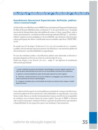 35caderno de educação especial
Atendimento Educacional Especializado: Definição, público-
-alvo e caracterização
AsSalasdeRecursosMultifuncionais(SRMF)foraminstituídaspeloProgramadeImplantação
de Salas de Recursos Multifuncionais, via Portaria nº 13, de 24 de abril de 2007. Localizada
nas escolas de educação básica das redes públicas de ensino, é o lócus, espaço físico, onde se
realiza,prioritariamente,oatendimentoeducacionalespecializado(AEE)que“[...]identifica,
elabora e organiza recursos pedagógicos e de acessibilidade, que eliminem as barreiras para
a plena participação dos alunos, considerando suas necessidades específicas” (SEESP/MEC,
2008).
De acordo com o §1º do artigo 1º do Decreto nº 7.611, de 17 de novembro de 2011, considera-
se público-alvo da educação especial as pessoas com deficiência, com transtornos globais do
desenvolvimento e com altas habilidades ou superdotação.
No caso dos estudantes surdos e com deficiência auditiva serão observadas as diretrizes e
princípios dispostos no Decreto no 5.626, de 22 de dezembro de 2005.
Ainda com relação a esse decreto 7.611/2011, artigo 3º, são objetivos do atendimento
educacional especializado:
Comoobjetivodedarsuporteàsescolaspúblicasnainclusãodecriançascomdeficiência,
transtornos globais do desenvolvimento e altas habilidades ou superdotação, estas salas
foramcriadas.Buscou-seatenderàsdemandasdascriançascomdeficiênciaemigualdade
de condições com os demais alunos do ensino regular. Para que as SRMF se efetivem
cabe ao gestor municipal, estadual ou federal, a garantia do profissional especializado e
a disponibilidade de um espaço físico para a sua instalação e funcionamento.
I - prover condições de acesso, participação e aprendizagem no ensino regular e garantir ser-
viços de apoio especializados de acordo com as necessidades individuais dos estudantes;
II - garantir a transversalidade das ações da educação especial no ensino regular;
III - fomentar o desenvolvimento de recursos didáticos e pedagógicos que eliminem as bar-
reiras no processo de ensino e aprendizagem;
IV - assegurar condições para a continuidade de estudos nos demais níveis, etapas e modali-
dades de ensino.
 