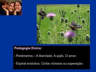 Pedagogia Divina:
- Parâmetros – A liberdade, A ação, O amor.
- Espiral evolutiva. Ciclos viciosos ou superação.
 