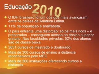 O IDH brasileiro foi um dos que mais avançaram
entre os países da América Latina.
11% da população é analfabeta.
O país enfrenta uma distorção: só os mais ricos – e
preparados – conseguem acesso ao ensino superior
gratuito. Nas faculdades privadas, 52% dos alunos
são de classe baixa.
3631 cursos de mestrado e doutorado
Mais de 300 cursos de ensino a distância
reconhecidos pelo MEC
Mais de 200 instituições oferecendo cursos a
distância
 