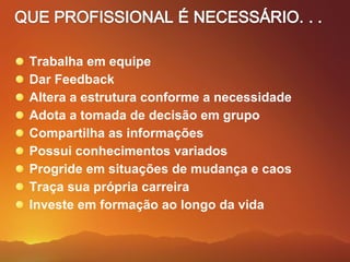 Trabalha em equipe
Dar Feedback
Altera a estrutura conforme a necessidade
Adota a tomada de decisão em grupo
Compartilha as informações
Possui conhecimentos variados
Progride em situações de mudança e caos
Traça sua própria carreira
Investe em formação ao longo da vida
 