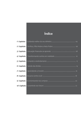 Índice

1º. Capítulo:      Cuidando melhor do seu dinheiro....................................................... 04

2º. Capítulo:       Pai Rico, Filho Nobre e Neto Pobre .................................................... 06

3º. Capítulo:       Educação Financeira se aprende ....................................................... 08

4º. Capítulo:       Transformando sonhos em realidade................................................. 10

5º. Capítulo:       Evitando o endividamento ................................................................... 12

6º. Capítulo:       Saindo das dividas ................................................................................. 14

7º. Capítulo:       Aprendendo a Investir.......................................................................... 16

8º. Capítulo: Os juros contra você ............................................................................ 18

9º. Capítulo: Economizando nas compras ............................................................... 20

10º. Capítulo: Garantindo seu futuro ......................................................................... 22
 