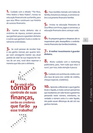 1. Cuidado com o ditado: “Pai Rico, 4. Faça reuniões mensais com todos da
Filho Nobre e Neto Pobre”, invista na      família, inclusive as crianças, e converse so-
educação financeira de sua família, para   bre o orçamento financeiro familiar.
que seus filhos continuem sua história
de sucesso financeiro.
                                           5.     Invista na educação financeira de
                                           seus filhos com livros, jogos e conversas, a
2.     Ganhar muito dinheiro não é         educação financeira deve começar cedo.
sinônimo de riqueza, existem pessoas

                                           6. Os pequenos gastos e despesas são os
que ganham pouco e guardam dinheiro
e outras que ganham muito e estão to-
                                                                                            8
talmente endividadas.                      responsáveis pelo desequilíbrio e endivida-
                                           mento financeiro das famílias brasileiras.

3.   Se você parasse de receber hoje
                                           7. O melhor investimento é guardar




                                                                                                2º. Capitulo – Pai Rico, Filho Nobre e Neto Pobre
o seu ganho mensal, por quanto tem-
po você conseguiria manter seu atual       dinheiro.
padrão de vida? Se sua resposta for me-
nos de um ano, você deve repensar a
maneira que lida com o dinheiro.
                                           8.     Muito cuidado com o marketing
                                           publicitário, pois, ‘nem tudo que reluz é
                                           ouro’, por isso, toda atenção é pouca.


                                           9. Cuidado com as linhas de crédito com
                                           alta taxa de juros (ex: cartão de crédito,


     “Se você não
                                           cheque especial, crediários).



     tom de o
     tomarsuas
     controle
                                           10. Aprenda a diferenciar o que é ganho
                                           bruto e liquido, é muito comum pensarmos
                                           que recebemos um valor bruto e gastarmos

     ﬁnanças,                              pensando neste número, entretanto, na
                                           verdade o número certo é o valor líquido,
                                           isto pode causar diferenças de até 20% nos
     serão os credores                     ganhos mensais.
     que farão
     esse trabalho!            ”
 