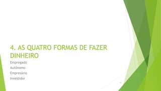4. AS QUATRO FORMAS DE FAZER
DINHEIRO
Empregado
Autônomo
Empresário
Investidor
34
 