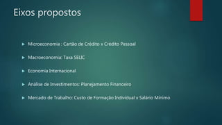 Eixos propostos
 Microeconomia : Cartão de Crédito x Crédito Pessoal
 Macroeconomia: Taxa SELIC
 Economia Internacional
 Análise de Investimentos: Planejamento Financeiro
 Mercado de Trabalho: Custo de Formação Individual x Salário Mínimo
 
