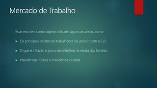 Mercado de Trabalho
Esse eixo tem como objetivo discutir alguns assuntos, como:
 Os principais direitos do trabalhador de acordo com a CLT;
 O que é inflação e como ela interfere na renda das famílias;
 Previdência Pública x Previdência Privada.
 
