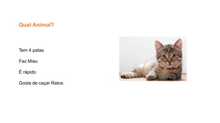 Tem 4 patas
Faz Miau
É rápido
Gosta de caçar Ratos
Qual Animal?
 