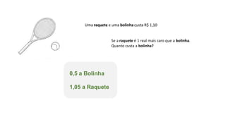 Uma raquete e uma bolinha custa R$ 1,10
Se a raquete é 1 real mais caro que a bolinha.
Quanto custa a bolinha?
0,5 a Bolinha
1,05 a Raquete
 