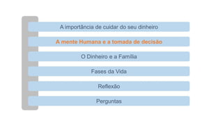 A importância de cuidar do seu dinheiro
A mente Humana e a tomada de decisão
O Dinheiro e a Família
Fases da Vida
Reflexão
Perguntas
 