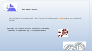 Não apenas em momentos de crise. Planejamento financeiro sempre deve ser assunto de
família.
Escolher um objetivo e unir a família em torno dele
aproxima as pessoas e gera comprometimento.
Falar sobre o dinheiro...
 