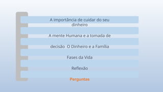 A importância de cuidar do seu
dinheiro
A mente Humana e a tomada de
decisão O Dinheiro e a Família
Fases da Vida
Reflexão
Perguntas
 