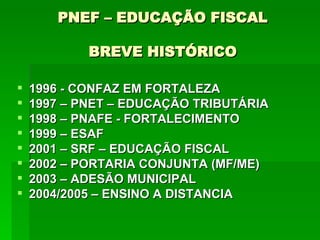 PNEF – EDUCAÇÃO FISCAL BREVE HISTÓRICO 1996 - CONFAZ EM FORTALEZA 1997 – PNET – EDUCAÇÃO TRIBUTÁRIA  1998 – PNAFE - FORTALECIMENTO 1999 – ESAF  2001 – SRF – EDUCAÇÃO FISCAL 2002 – PORTARIA CONJUNTA (MF/ME) 2003 – ADESÃO MUNICIPAL 2004/2005 – ENSINO A DISTANCIA 