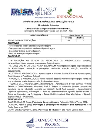 CURSO: TEORIAS E PRÁTICAS EM EDUCAÇÃO FÍSICA
Modalidade: Extensão
Oferta: Fora do Campus Universitário da FUNESO
(em regime de Cooperação Técnica com a FAISA – RS)
DISCIPLINA /MÓDULO Carga Horária (h)
Teórica Prática
PSICOLOGIA DA EDUCAÇÃO / 1º 60 -
OBJETIVOS
- Reconhecer os tipos e etapas da Aprendizagem.
- Compreender as principais teorias da Aprendizagem.
- Conceituar Cultura e Aprendizagem.
- Articular avaliação e aprendizagem.
CONTEÚDOS
- INTRODUÇÃO AO ESTUDO DA PSICOLOGIA DA APRENDIZAGEM: conceito;
características; tipos, etapas e processos da Aprendizagem.
- FATORES QUE INTERFEREM NA APRENDIZAGEM: maturação; condições biopsicossociais
da Aprendizagem; sensação e percepção; motivação; emoção; atenção, memória e
esquecimento.
- CULTURA E APRENDIZAGEM: Aprendizagem e Valores Sociais; Ética na Aprendizagem;
Aprendizagem e Pluralidade Cultural.
- AVALIAÇÃO E APRENDIZAGEM: êxito e fracasso escolar; intervenção pedagógica frente ao
erro; avaliação; produção ou reprodução de conhecimento.
- TEORIAS DA APRENDIZAGEM: Albert Bandura – Aprendizagem Social; Burrhus Frederic
Skinner – Condicionamento Operante; Carl R. Rogers – Humanista (ensino centrado no
estudante ou na educação centrada na pessoa); David Paul Ausubel – Aprendizagem
Cognitiva Significativa; Jean Piaget – Teoria do Desenvolvimento Cognitivo; Jerome Bruner –
Teoria da Instrução; Lev S. Vigotsky – Teoria Histórico-cultural; Max Wertheimer – Gestalt;
Sigmund Freud – Psicanálise.
BIBLIOGRAFIA
CAMPOS, Dinah M. Souza. Psicologia da aprendizagem. Petrópolis: Editora Vozes, 2012.
CARRARA, Kestor e (org.). Introdução à psicologia da educação. Seis abordagens. São
Paulo: Avercamp, 2005.
DAVIS, Cláudia; OLIVEIRA, Zilma. Psicologia da educação. São Paulo: Cortez, 2007.
 