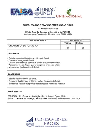 CURSO: TEORIAS E PRÁTICAS EM EDUCAÇÃO FÍSICA
Modalidade: Extensão
Oferta: Fora do Campus Universitário da FUNESO
(em regime de Cooperação Técnica com a FAISA – RS)
DISCIPLINA /MÓDULO Carga Horária (h)
Teórica Prática
FUNDAMENTOS DO FUTSAL / 2º
30 30
OBJETIVOS
- Estudar aspectos históricos e críticos do futsal.
- Conhecer as regras do futsal.
- Discutir fundamentos técnicos e táticos envolvendo o futsal.
- Apresentar metodologias que favoreçam o ensino do futsal.
- Vivenciar os fundamentos do futsal.
CONTEÚDOS
- Estudo histórico-crítico do futsal.
- Fundamentos técnicos e táticos, noções de regras do futsal.
- Elementos básicos e aspectos metodológicos do ensino do futsal.
BIBLIOGRAFIA
FERREIRA, R.L. Futsal e a iniciação. Rio de Janeiro: Sprint, 1998.
MUTTI, D. Futsal: da iniciação ao alto nível. São Paulo: Phorte Editora Ltda, 2003.
 