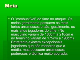 MeiaMeia
 O "combustível" do time no ataque. OsO "combustível" do time no ataque. Os
meias geralmente possuem os maismeias geralmente possuem os mais
fortes arremessos e são, geralmente, osfortes arremessos e são, geralmente, os
mais altos jogadores do time. (Nomais altos jogadores do time. (No
masculino variam de 180cm a 210cm emasculino variam de 180cm a 210cm e
no feminino variam de 175cm a 190cm).no feminino variam de 175cm a 190cm).
Entretanto existem excepcionaisEntretanto existem excepcionais
jogadores que são menores que ajogadores que são menores que a
média, mas possuem arremessosmédia, mas possuem arremessos
poderosos e técnica muito apurada.poderosos e técnica muito apurada.
 